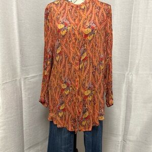 Lucky Brand Orange Floral Blouse Long button up Blouse Sz XL